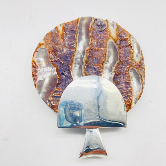 Large Shell Disc Pendant Silver Tone Abalone Mother of Pearl Chunky Beach Island - Picture 3 of 5